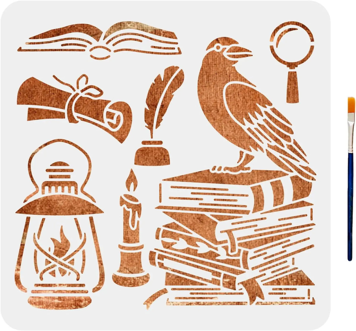 Crow & Book Stencil Set 11.8" – Raven, Candle & Pen Patterns