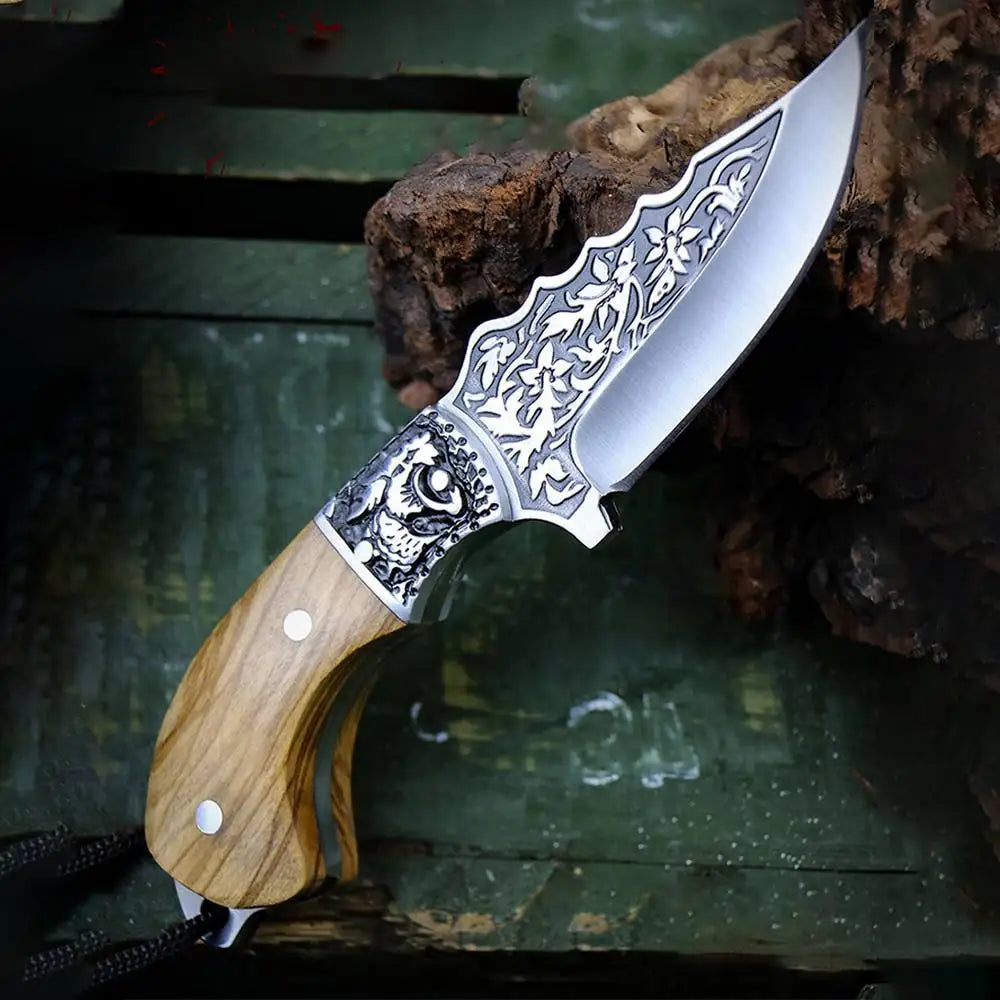Fixed Blade Camping Knife – Stainless Steel & Olive Wood