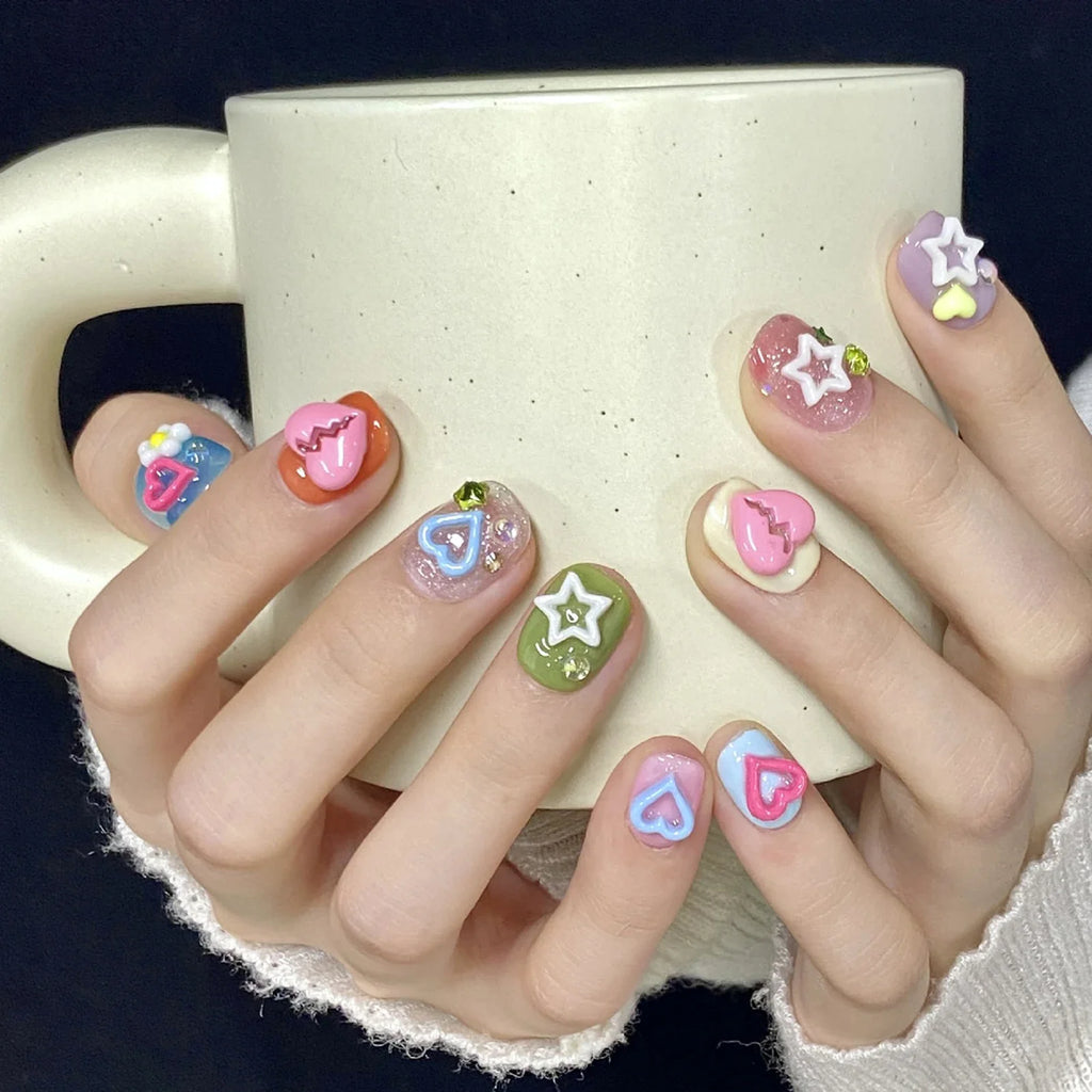 Handmade Press Nails Cute Short 3D Colorful Heart Design False