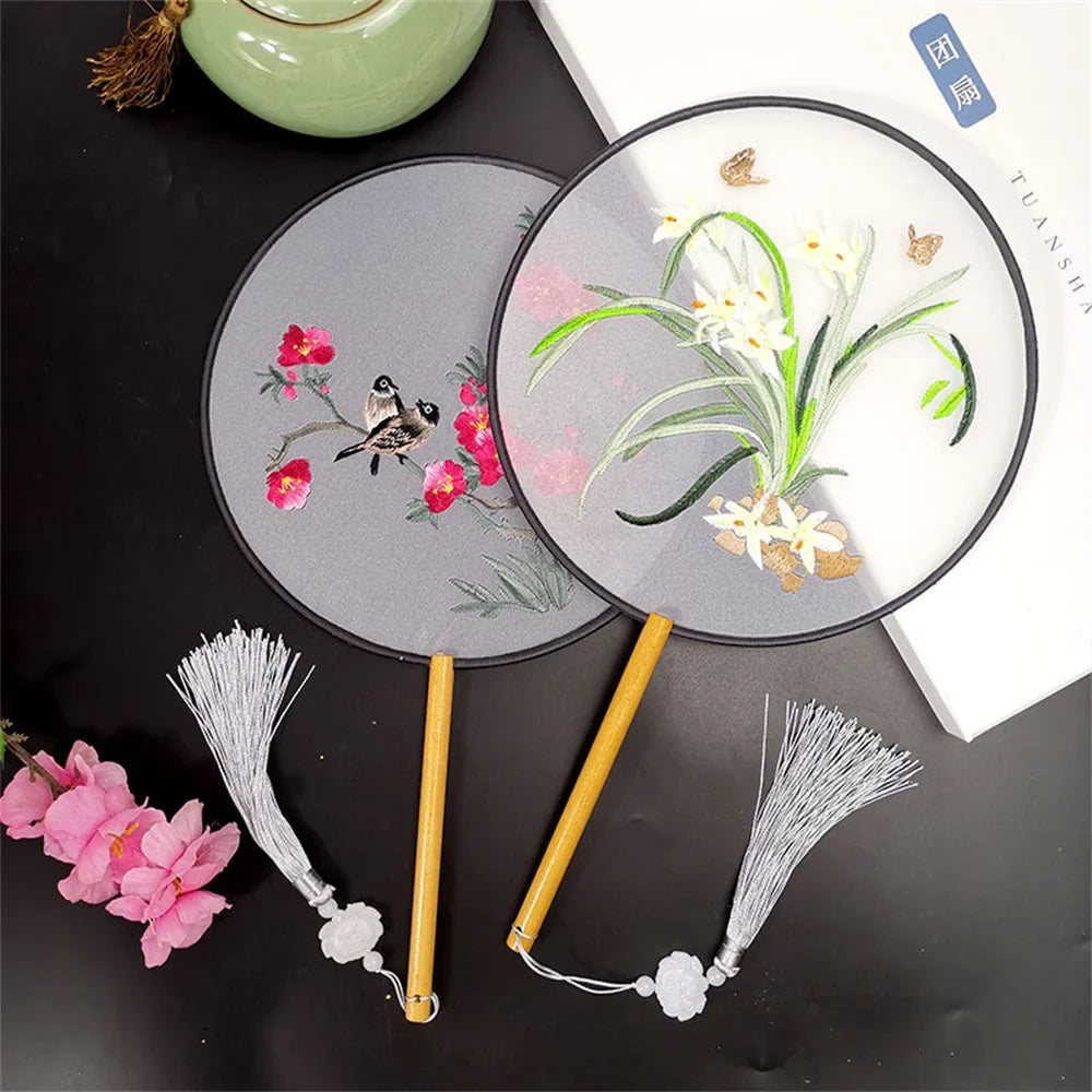 Round Double Sided Embroidery Fan Chinese Wooden Handle Pendant