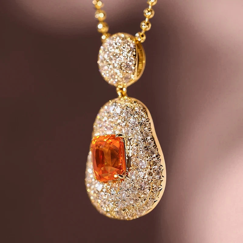 Huitan Pear Shape Orange Red CZ Pendant Necklace | Bead Chain