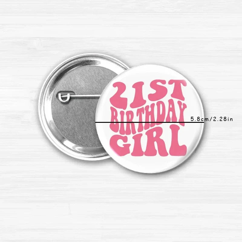 21st Birthday Girl & Crew Button Pins – Funny Pink Party Gift