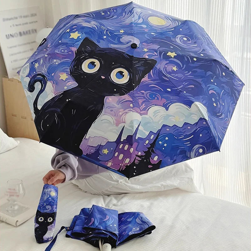 Purple Cartoon Cat Folding Umbrella – UV & Sun Protection