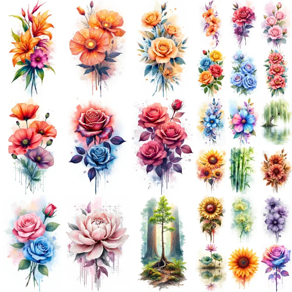 9pcs Floral Temporary Tattoos – Waterproof Botanical Stickers