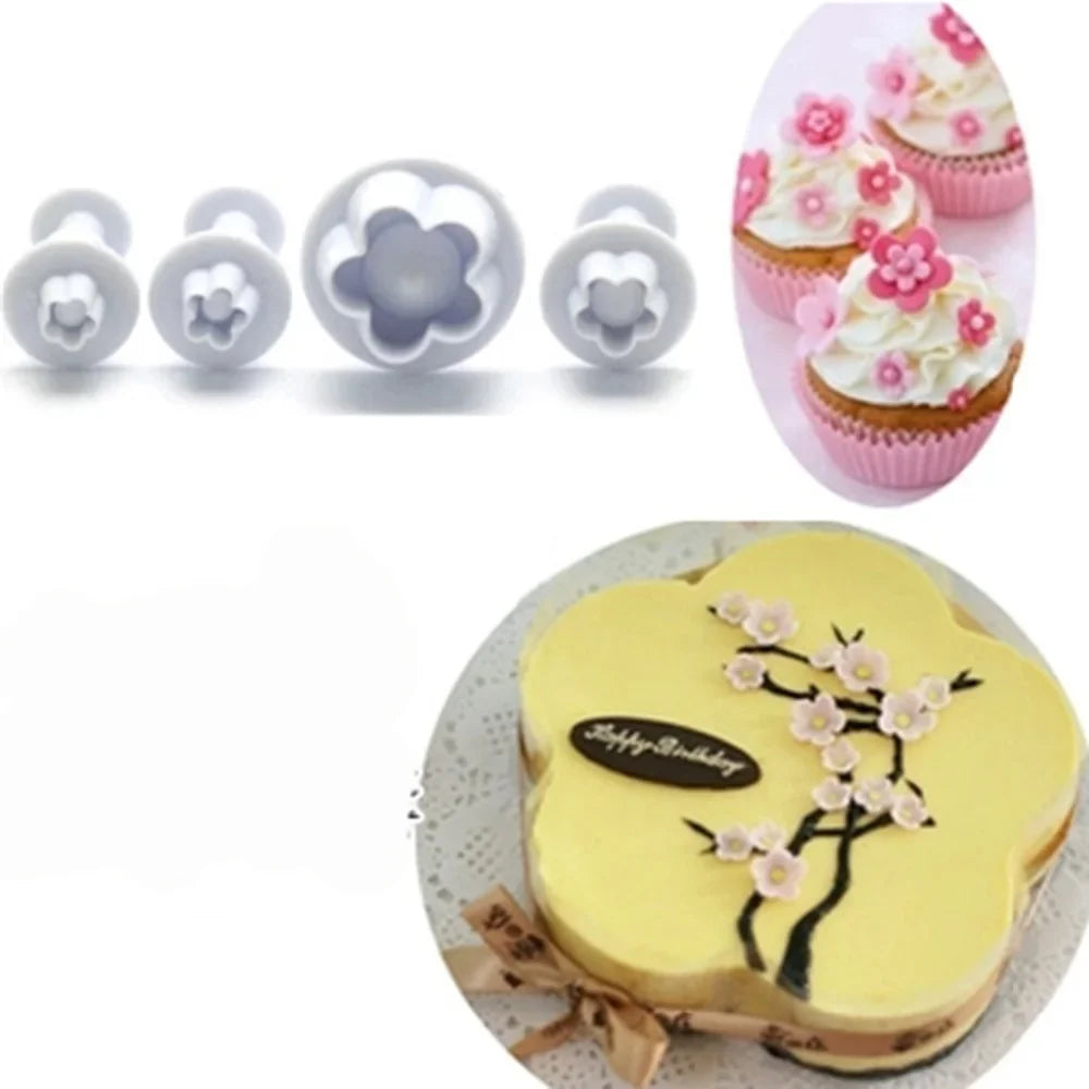 4-Piece Plum Flower Plunger Fondant Cutter Mold Set