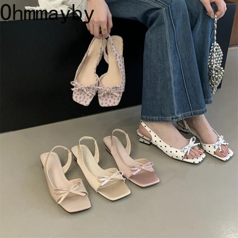 Polka Dot Bow Women's Slingback Sandals – Square Toe Low Heel