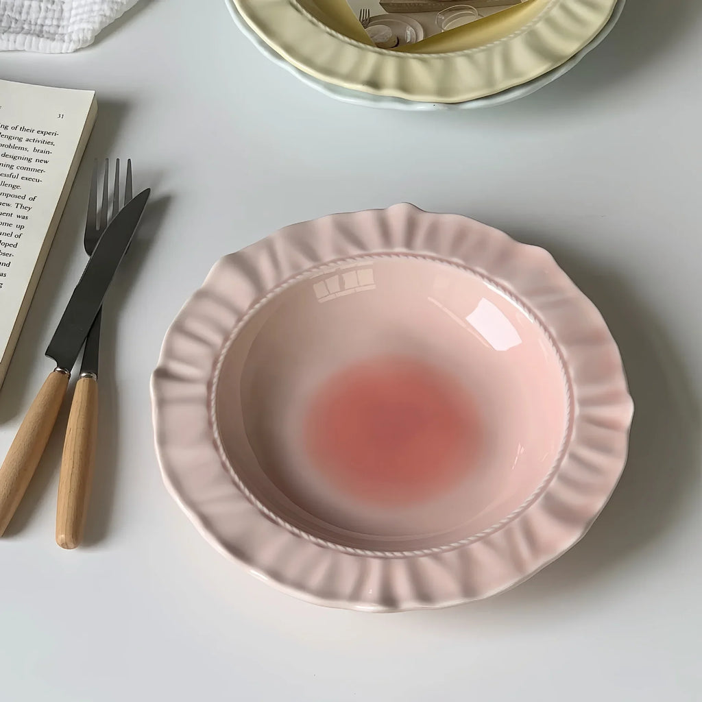 French Embossed Lace Ceramic Plates – Retro Dessert & Pasta