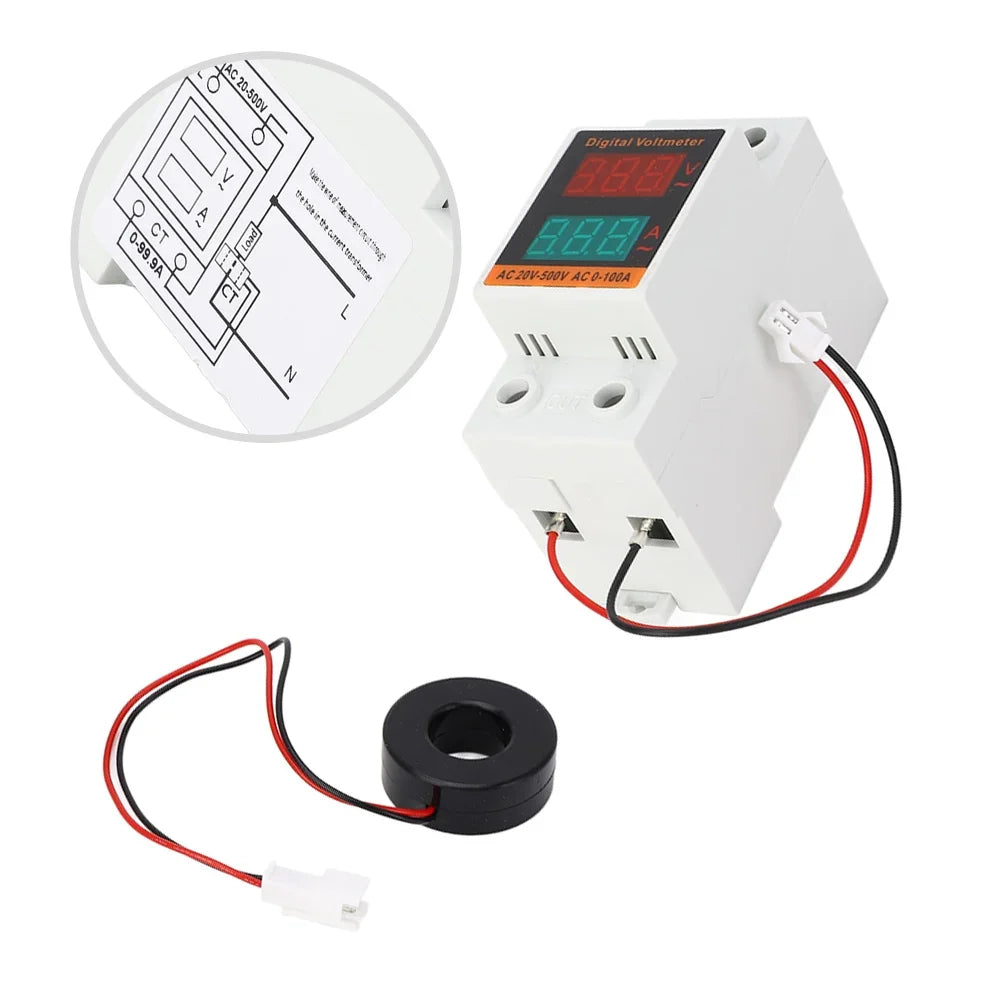 DIN Rail AC Ammeter & Voltmeter – Digital LED 20-500V 0-100A