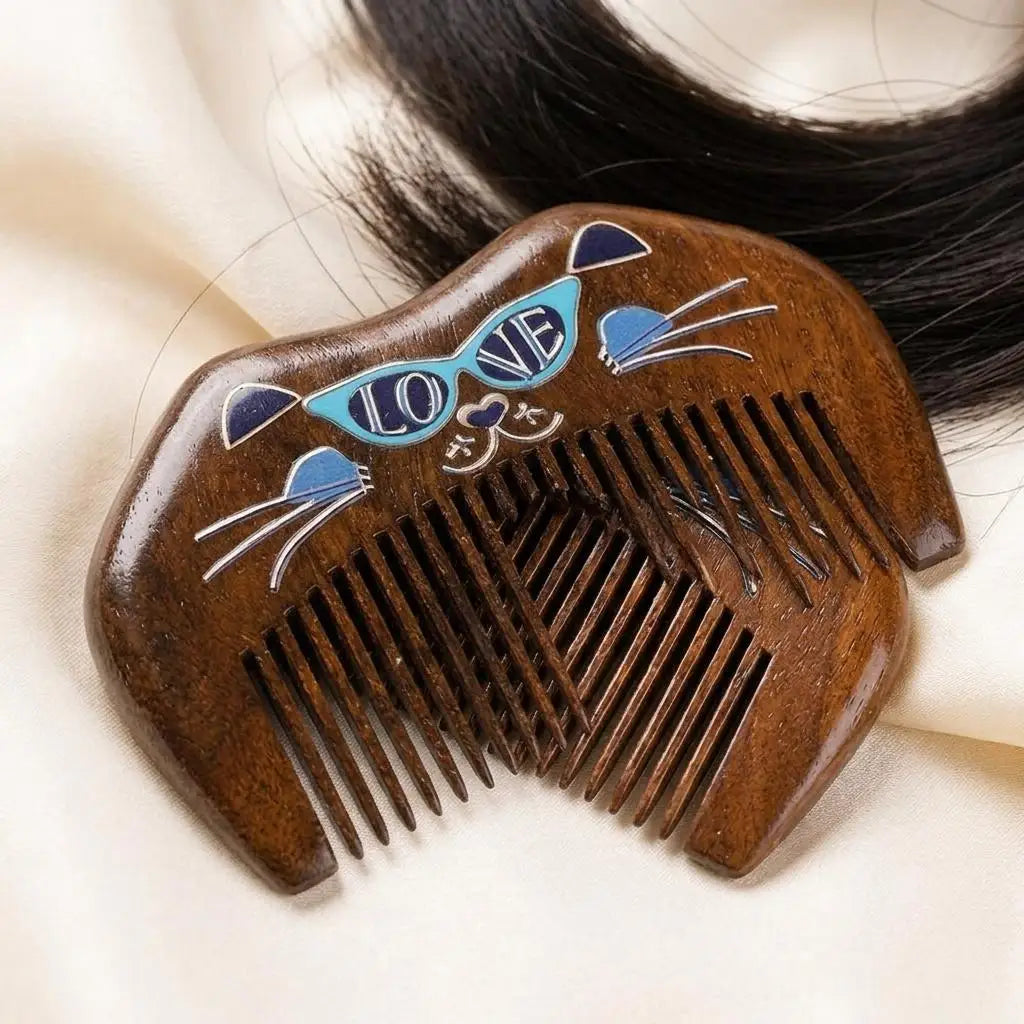 Handcrafted Sandalwood Hair Comb – Carved Cat Design | Portable