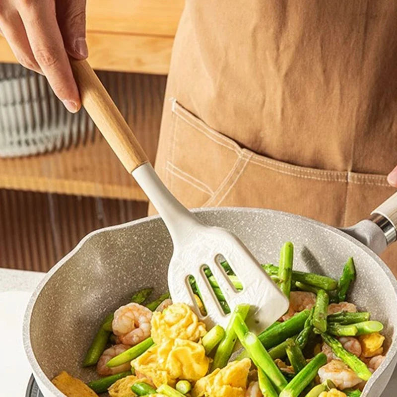Silicone Kitchen Utensil Set – Wooden Handle Cooking Tools