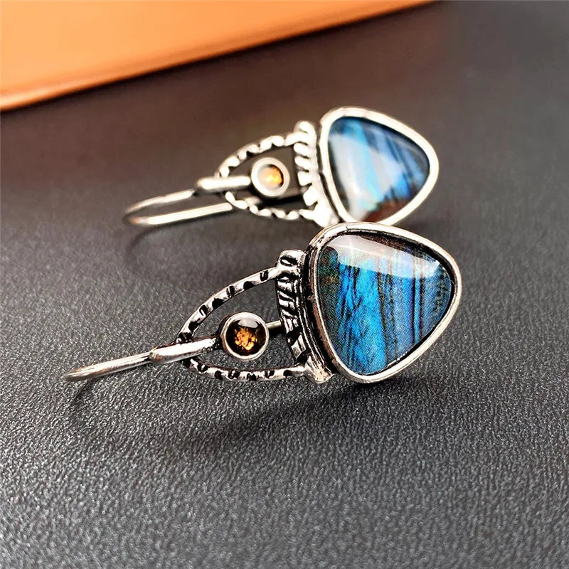 Huitan Punk Drop Earrings – Blue & Orange Geometric Print