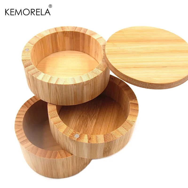 3-Tier Bamboo Salt Box & Spice Storage Jar Set with Spoon