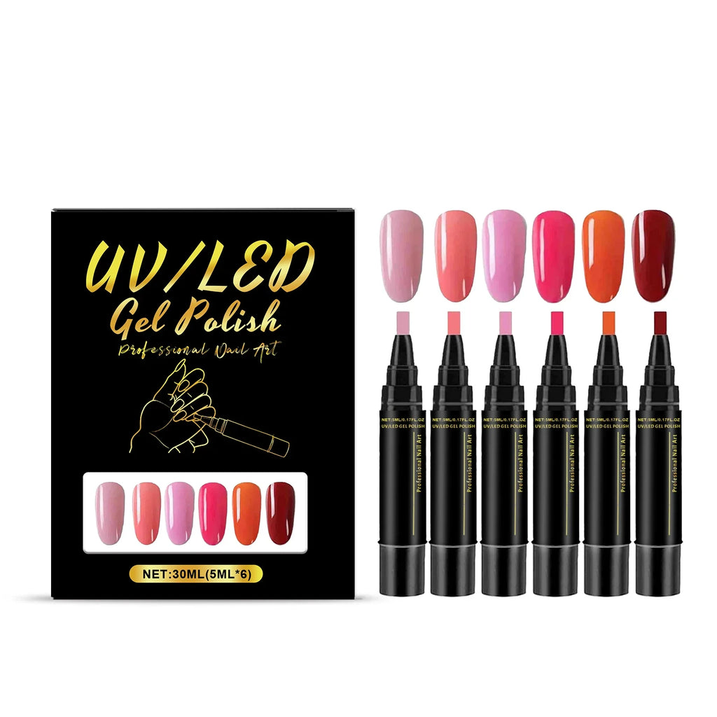 3-in-1 Gel Nail Polish Pen Set – 6 Colors, Base & Top Coat