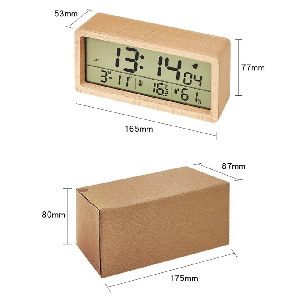 Wooden Digital Alarm Clock – Temp, Humidity & Date Display