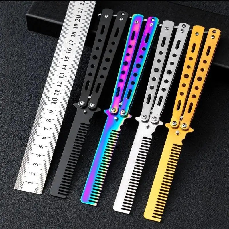 Butterfly Knife Comb – Foldable Stainless Steel Beard Styling Tool