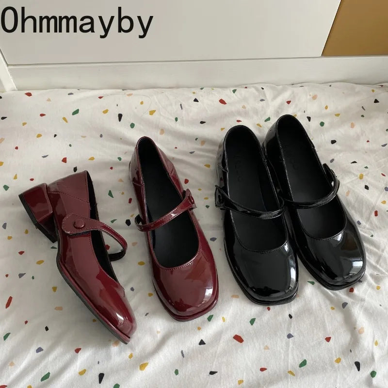 Women's Patent Leather Mary Jane Block Heel Shoes | Square Toe