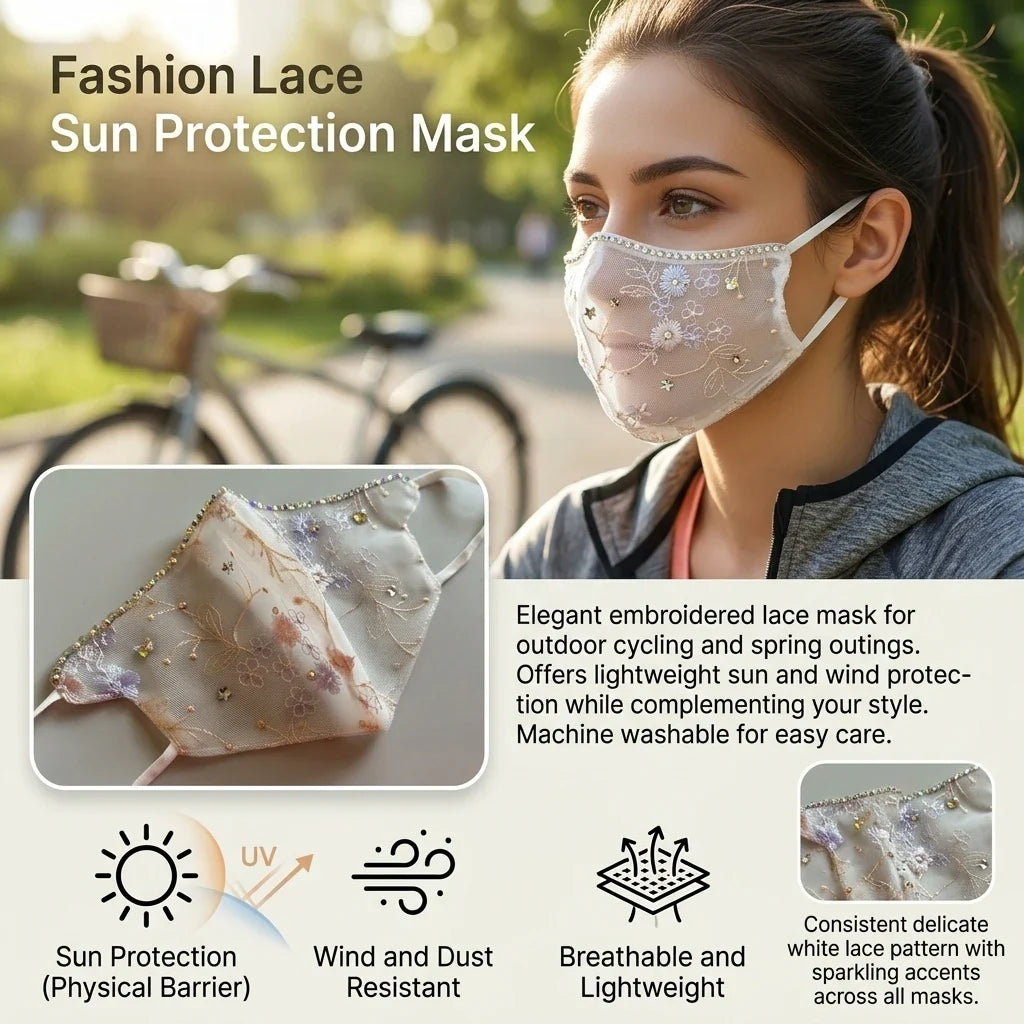Ethnic Lace Mesh Face Mask – Embroidery Rhinestone UV & Wind Cover