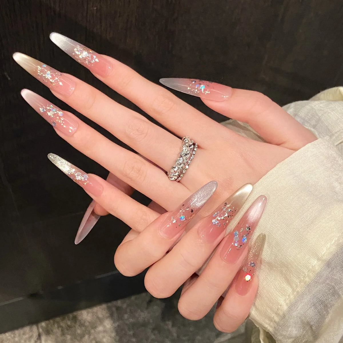 French Cat Eye Press On Nails – Sequin Gradient Tips | 10pcs