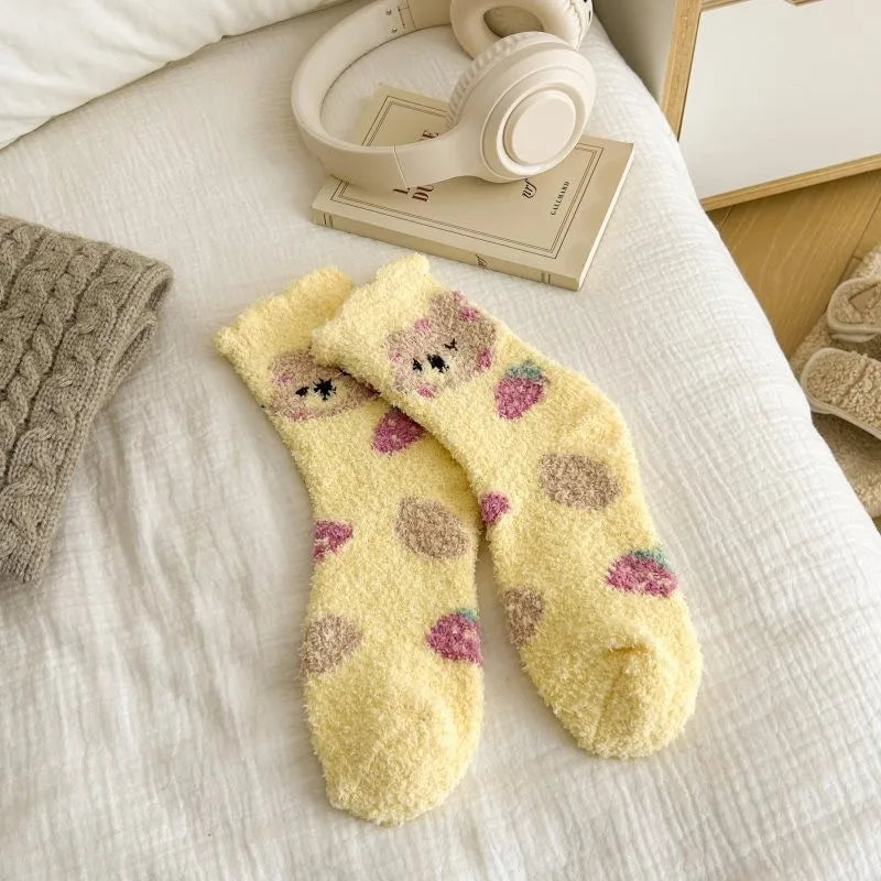 Women's Cozy Coral Fleece Socks – Cute Strawberry Bear Plush