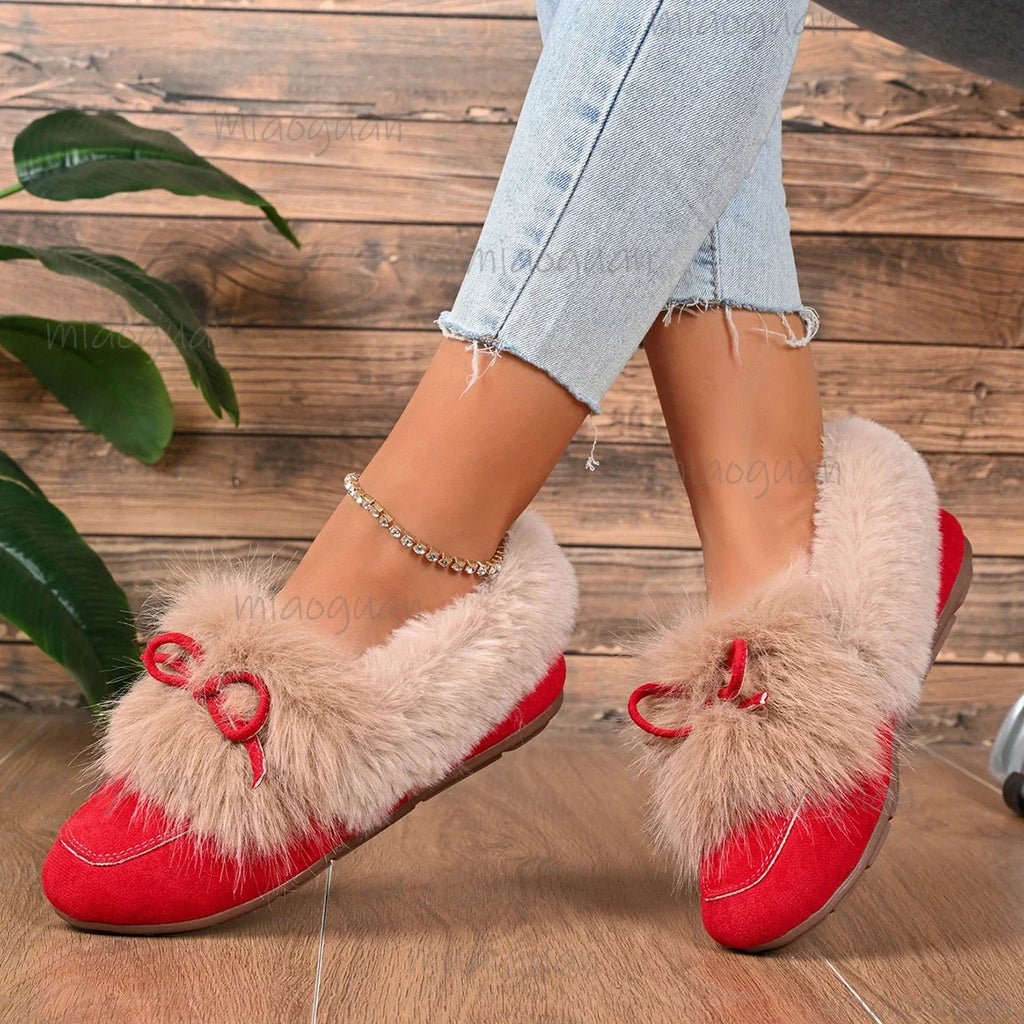 Women's Retro Faux Fur Bow Slip-On Flats – Plush Warm Shoes