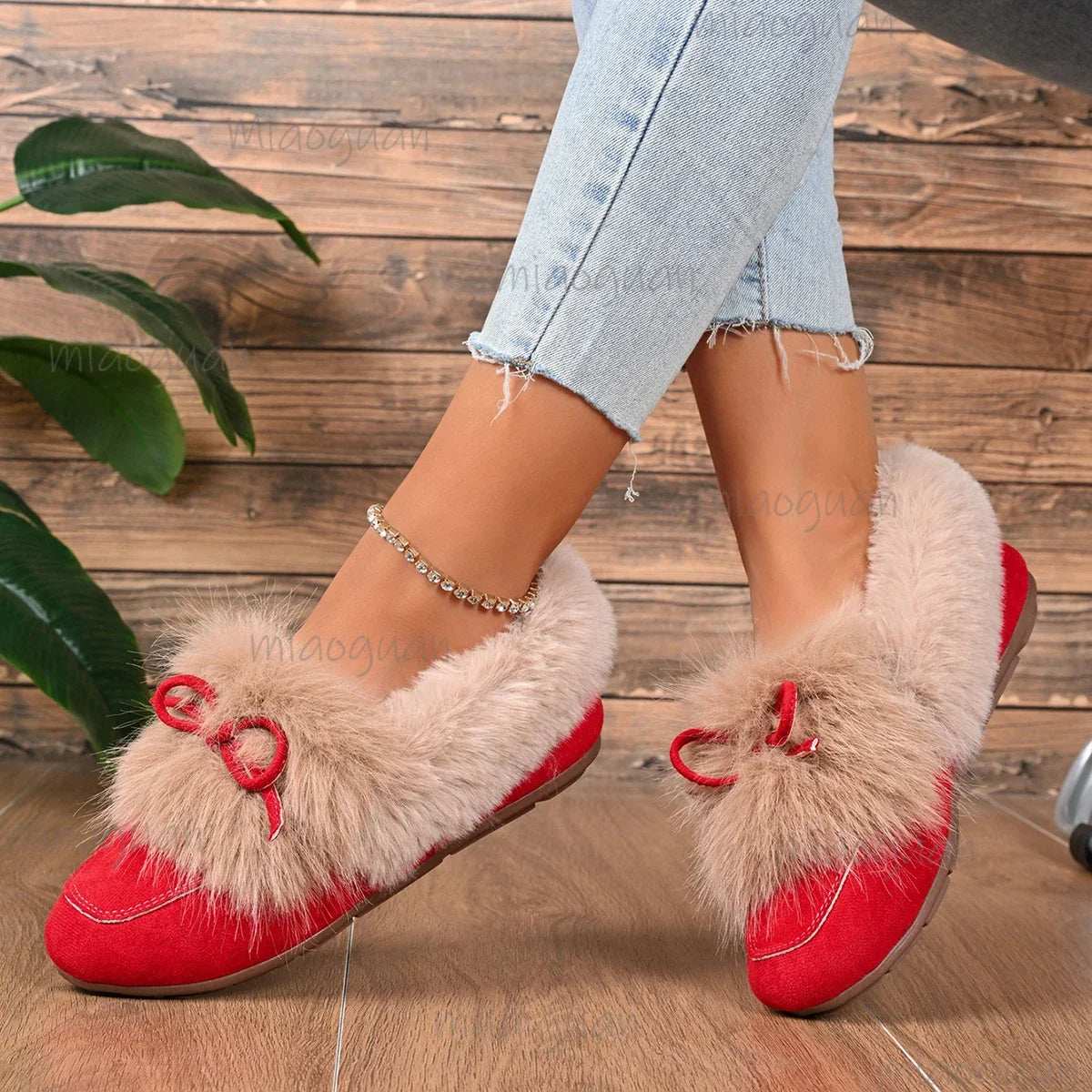 Women's Retro Faux Fur Bow Slip-On Flats – Plush Warm Shoes