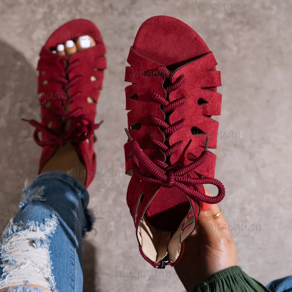 Women's Retro Lace-Up Flat Sandals – Hollow Roman Beach Shoes