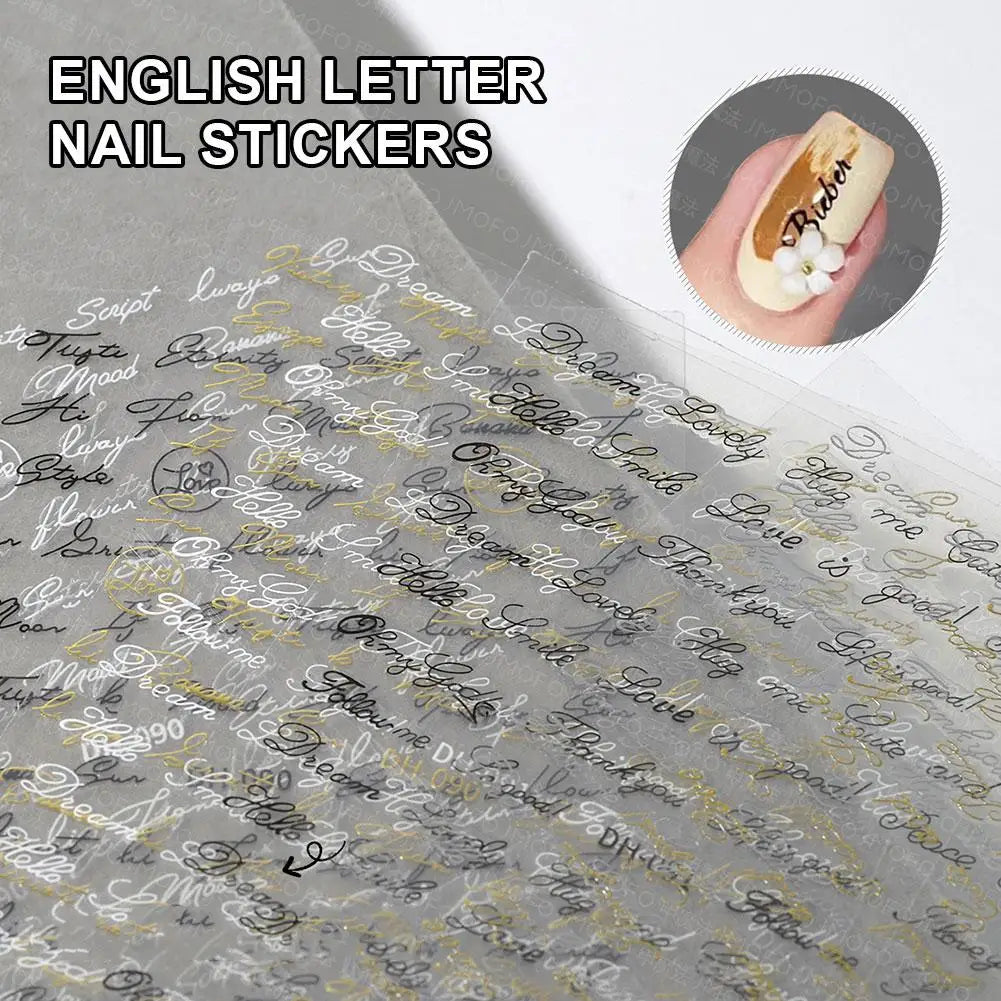 3D English Word Nail Art Stickers – Metallic Gold & Silver Decals