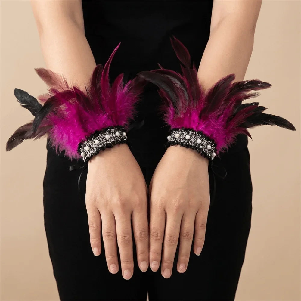 Feather Wrist Cuffs – Lace Pearl Arm Cuffs for Halloween & Carnival