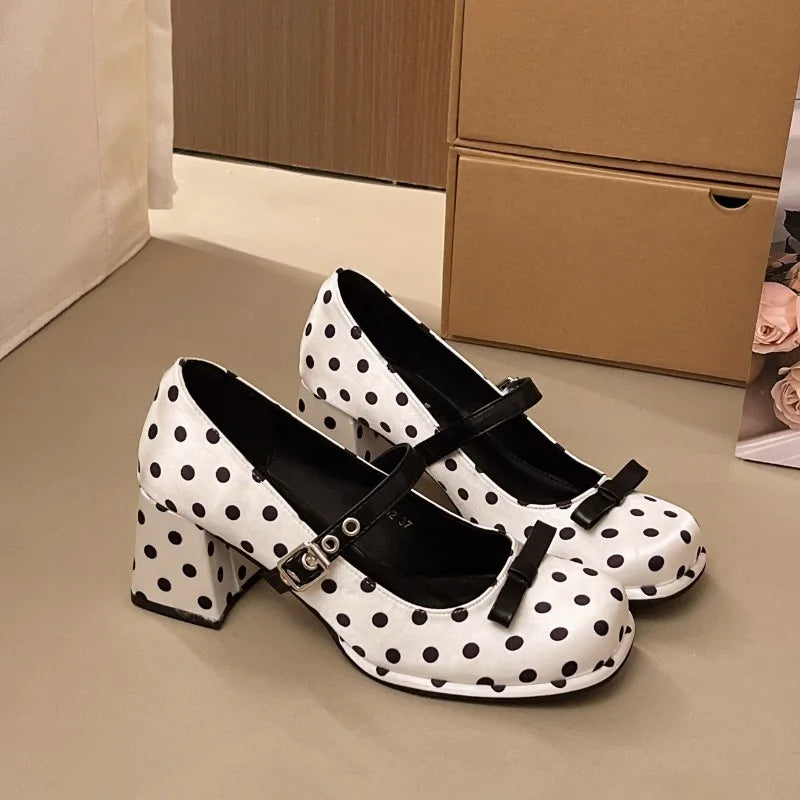 Vintage Polka Dot Mary Jane Pumps | Women's Square Heel Shoes