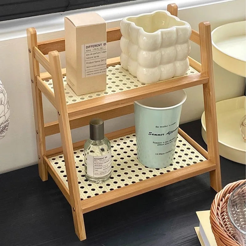Antique Rattan Cream Double Desktop Shelf Dormitory Bedroom Office