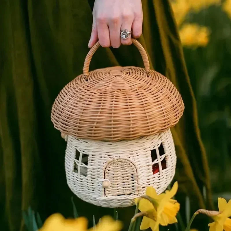 Handmade Mushroom Basket Bag Rattan Woven Baskets Straw Storage Box