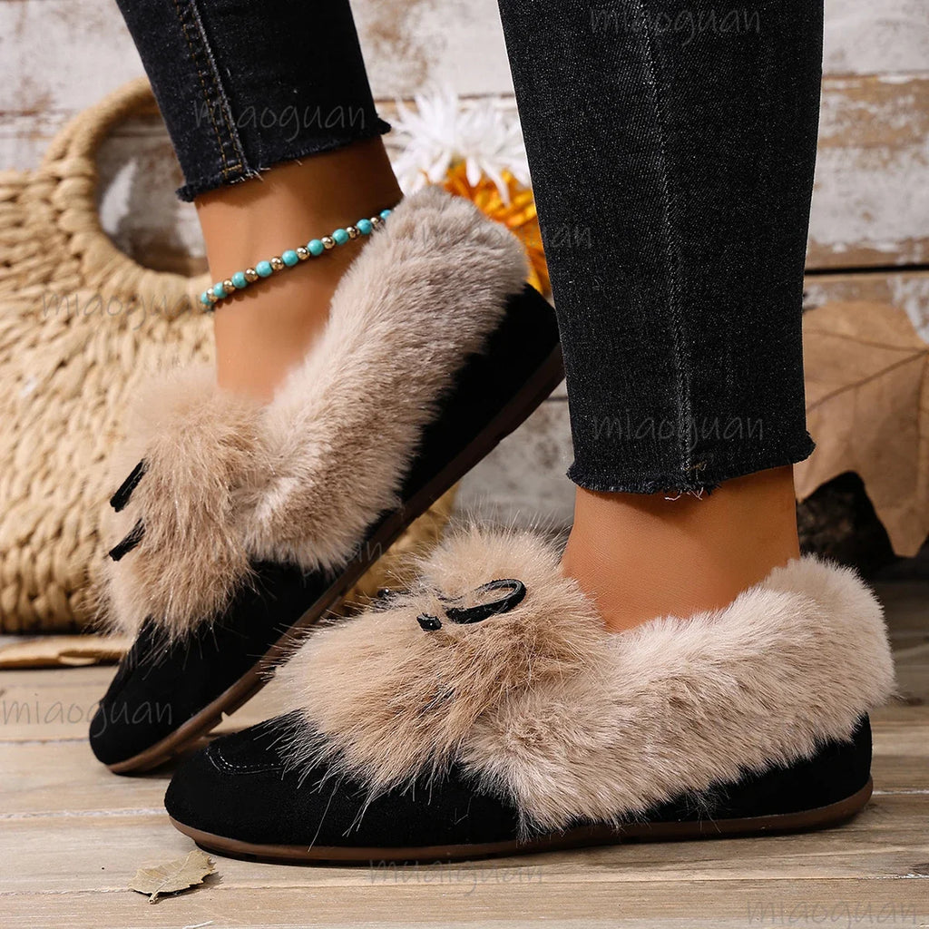 Women's Retro Faux Fur Bow Slip-On Flats – Plush Warm Shoes