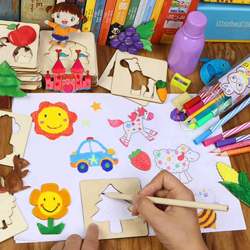 Wooden DIY Painting Stencils Kids Tools Doodle Educational Gifts Boys