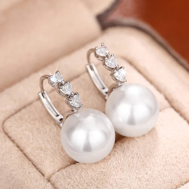 Huitan Bridal Pearl Drop Earrings – Heart CZ Silver Tone