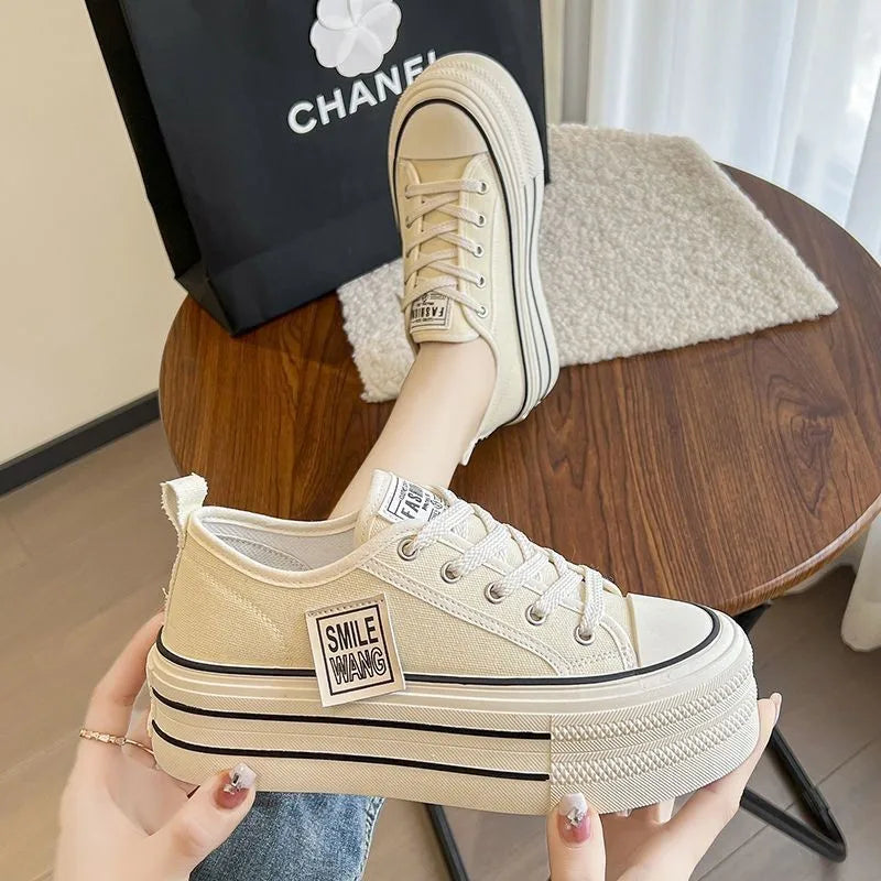 Women's Black Platform Canvas Sneakers – Lace-Up Fashion