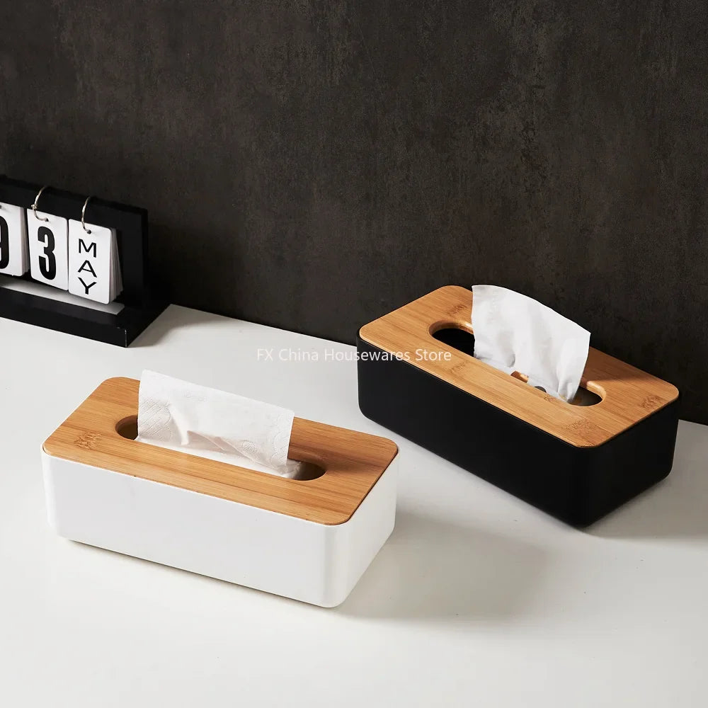 Bamboo Lid Plastic Tissue Box Organizer Rectangular Paper Towel