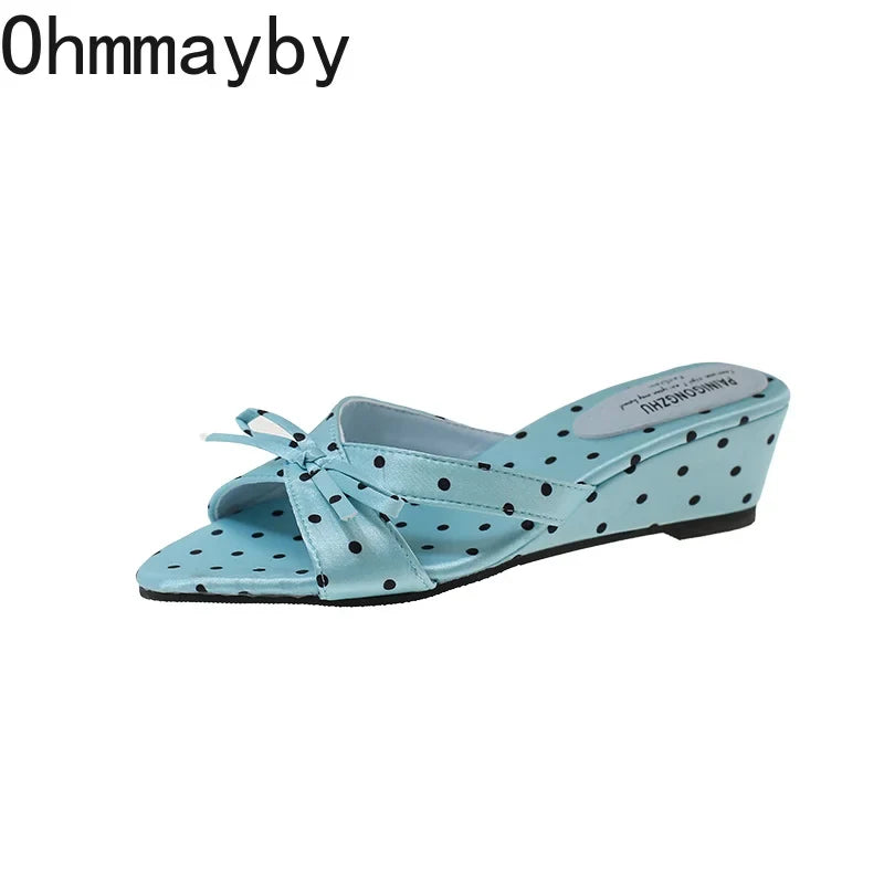 Satin Butterfly-Knot Women Wedge Slippers – Polka Dot Slides