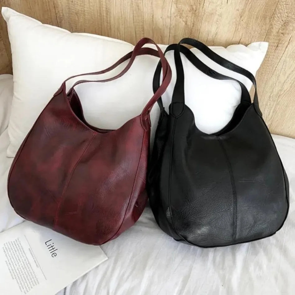 Large Vintage Women's PU Leather Shoulder Tote Bag – Retro Style