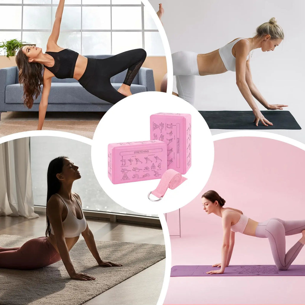 2-Pack EVA Yoga Blocks & Stretch Strap | Non-Slip Foam Bricks
