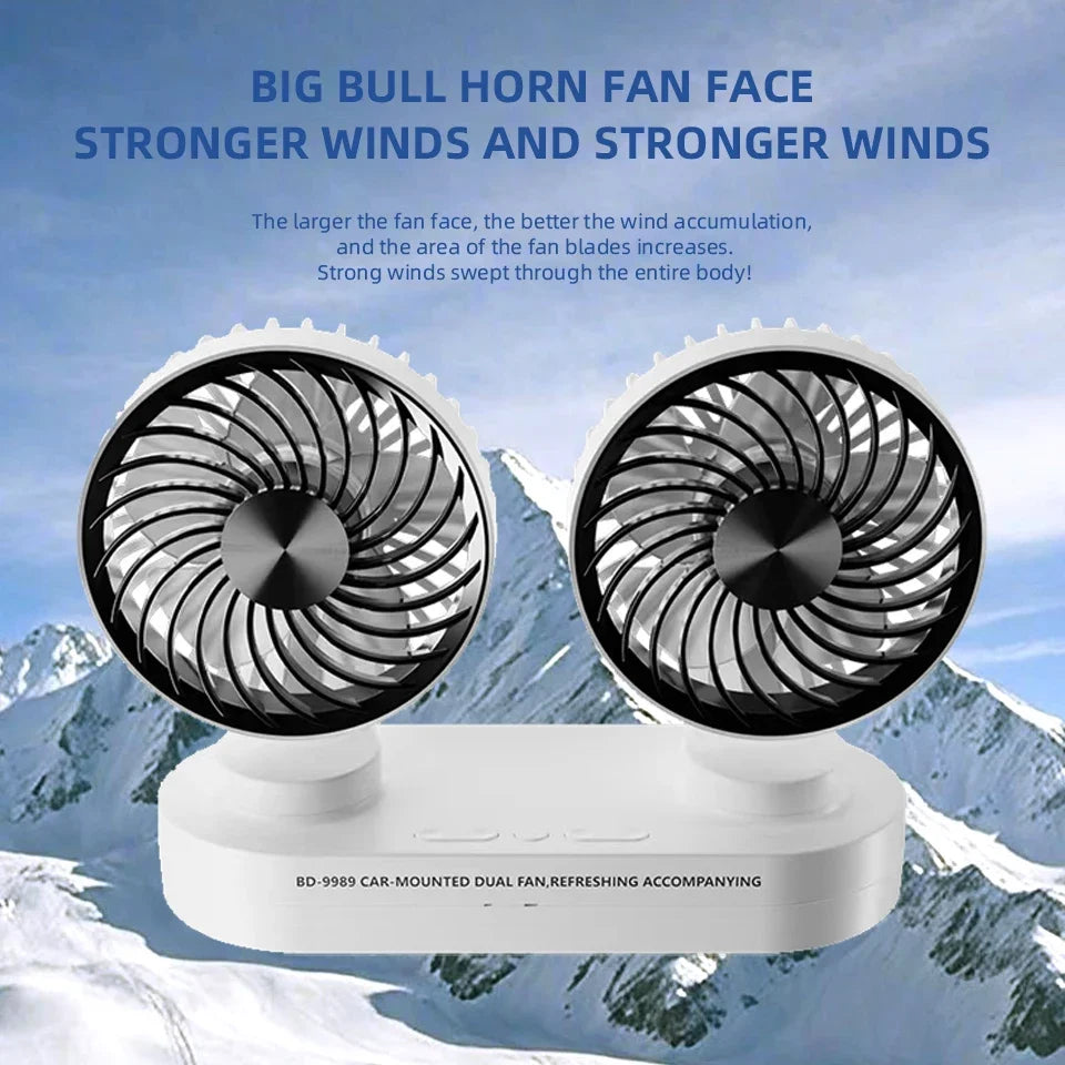 URGGU Dual Head USB Car Fan – 360° Adjustable, 3 Speeds