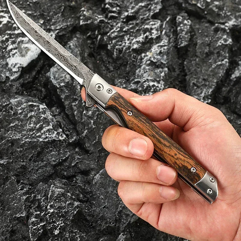 PLYS Folding Pocket Knife – Damascus Steel & Wood Handle EDC
