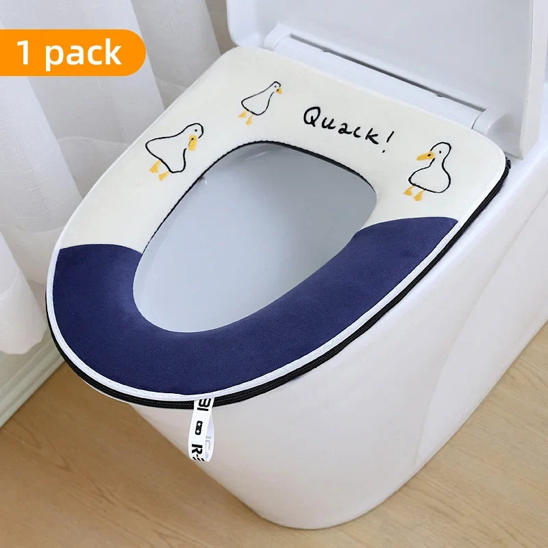 Cute Embroidery Toilet Seat Cover Zipper Soft Warmer Washable Mat Pad