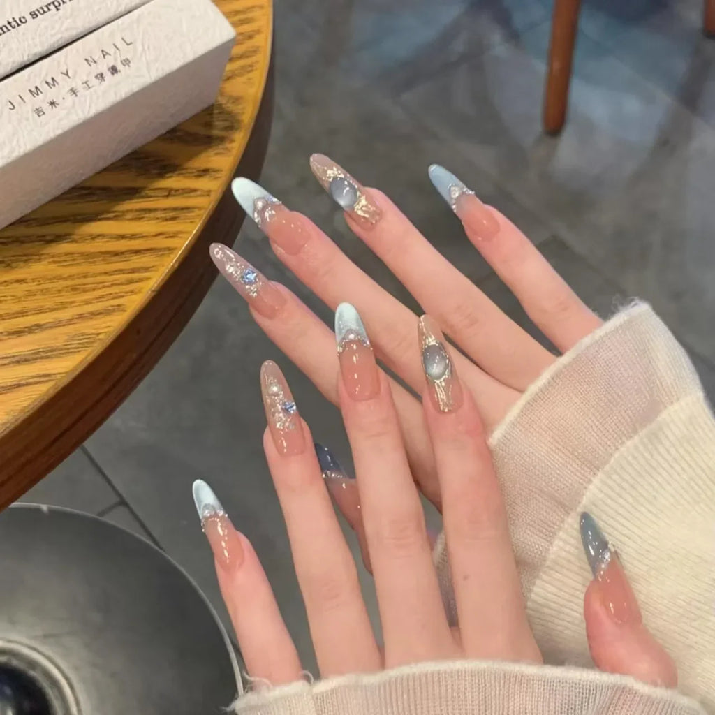 Blue Cat Eye Press On Nails – Glitter Diamond Almond 10pc