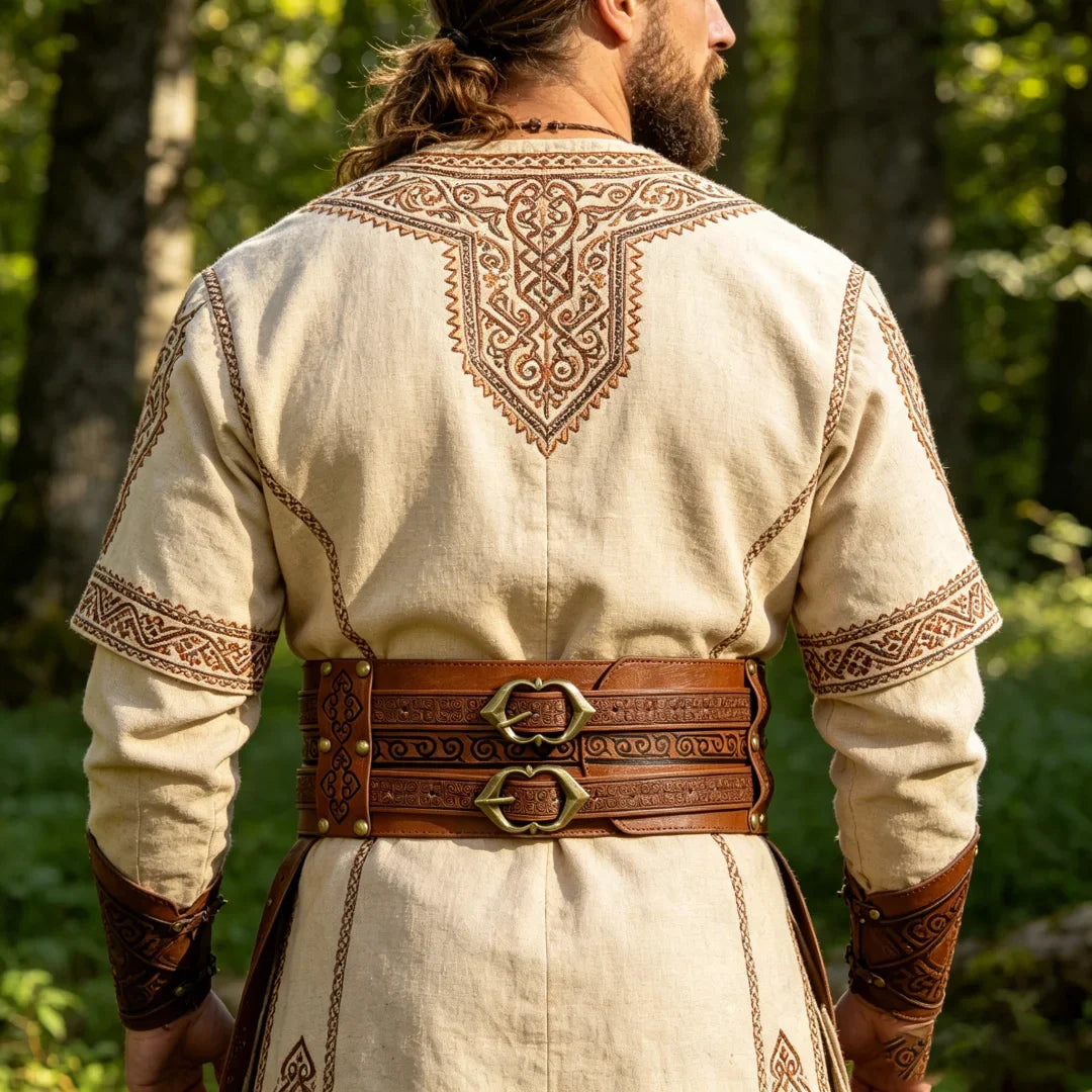 Viking Embossed Wide Waist Sash Medieval Double Buckle Leather