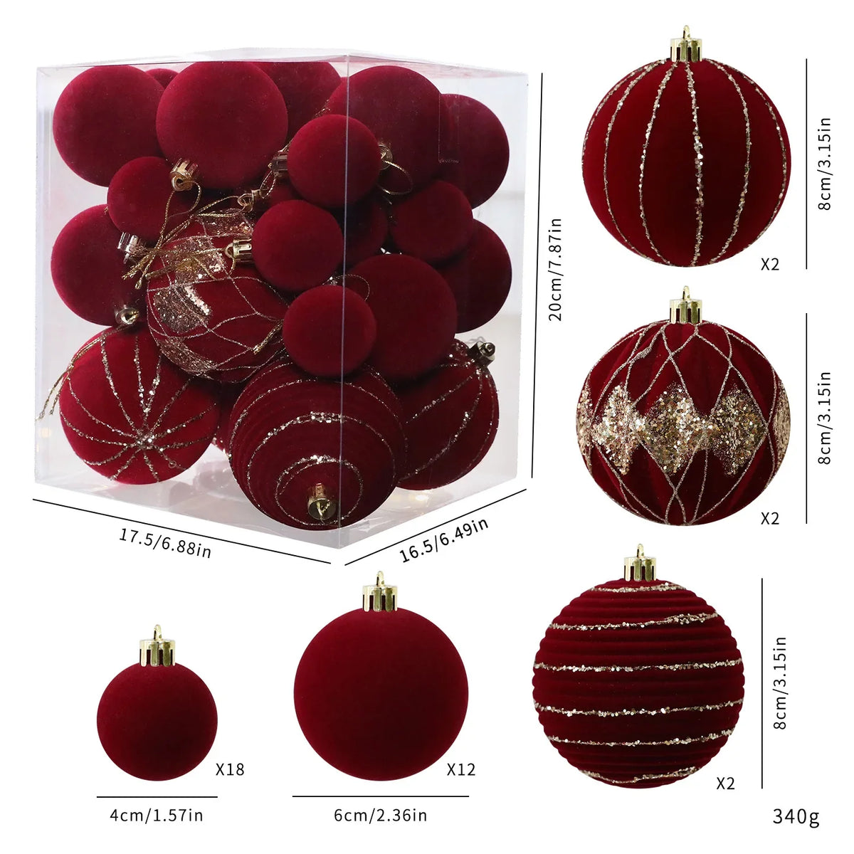 36-Piece Burgundy Velvet Christmas Ball Ornaments Set