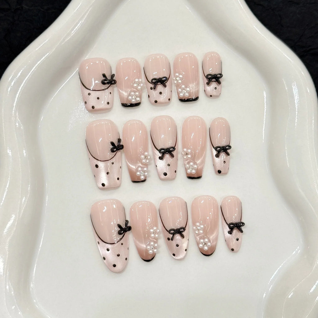10pcs Press On Nails Black Bow Cat Eye French Fake Nail Tips