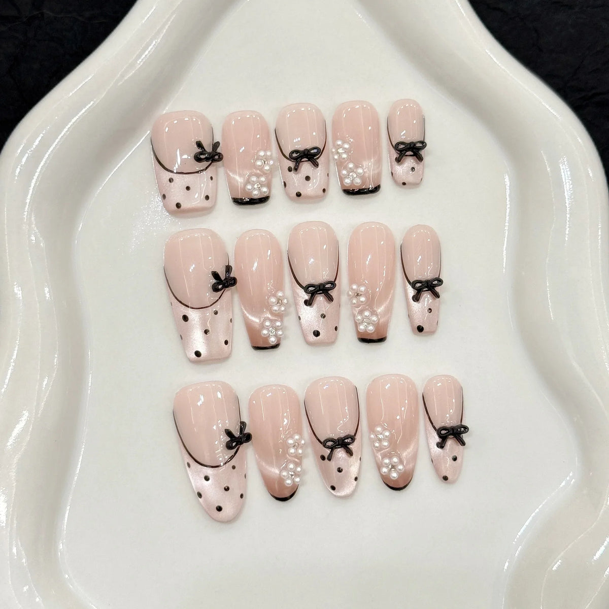 10pcs Press On Nails Black Bow Cat Eye French Fake Nail Tips