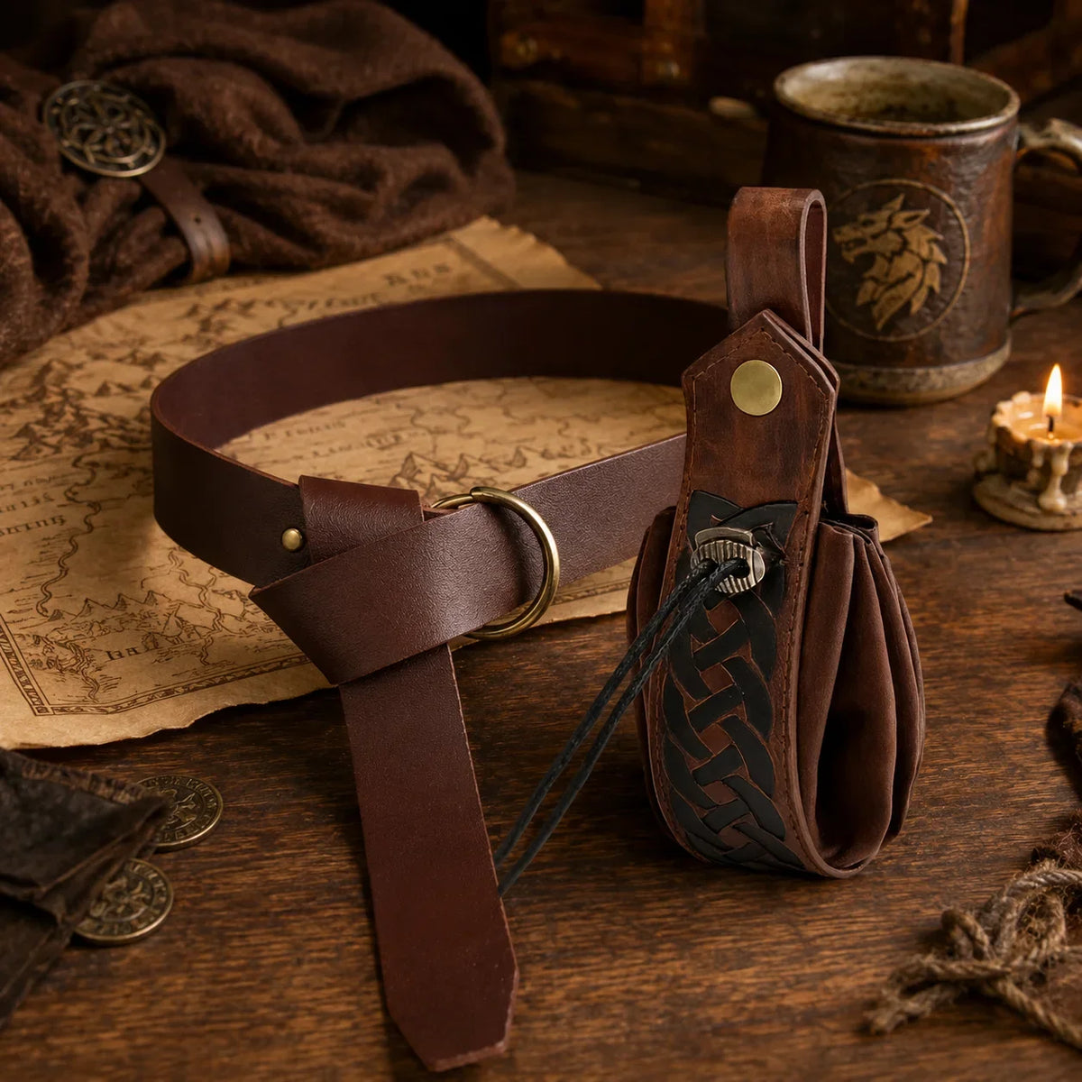 Medieval Leather Belt Pouch Viking Waist Drawstring Bag Renaissance