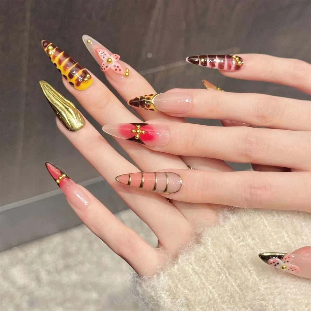 Long Pointed Press On Nails | Gradient Tortoiseshell French Tips