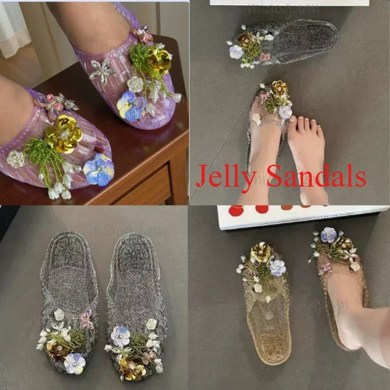 Crystal Flower Jelly Sandals – Women's Beach Slip-On Slippers